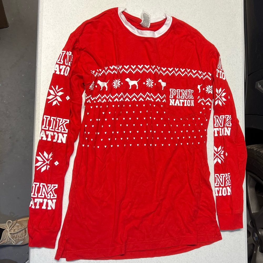 VS Pink Nation Red Christmas Holiday Shirt Logo Dog Long Sleeve Fair Isle Pocket